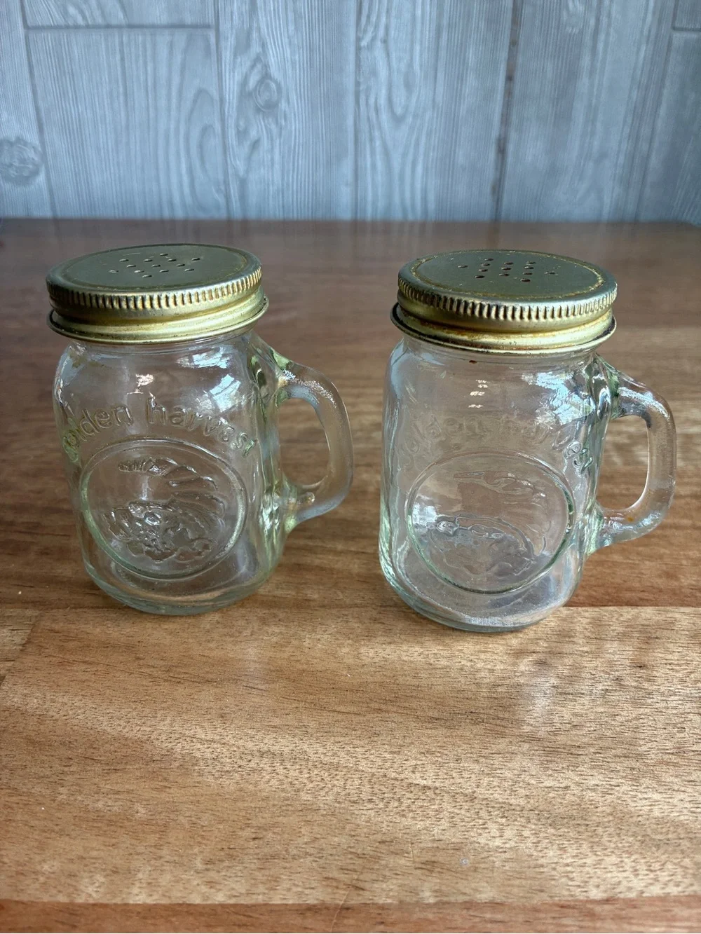 Vintage Glass Golden Harvest Mason Jar Handled Salt and Pepper Shakers